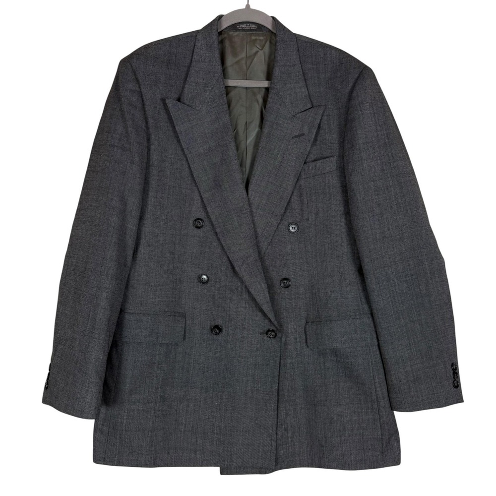 Gallery By Haggar Suit Jacket Mens 42L Gray Check Double Breasted Peak Lapel
